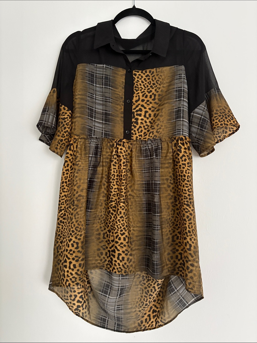 BCBG Generation Leopard & Plaid Mixed-Print Short Sleeve mini Dress Size L